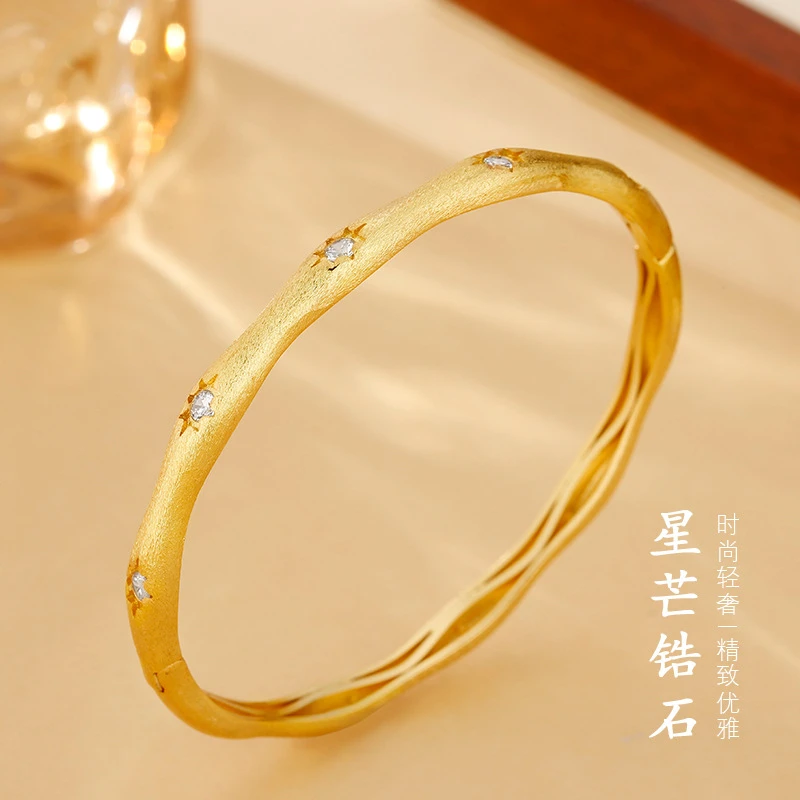 铜合金手镯 金色拉丝太阳花手镯中古叠戴微镶锆石手饰送礼物