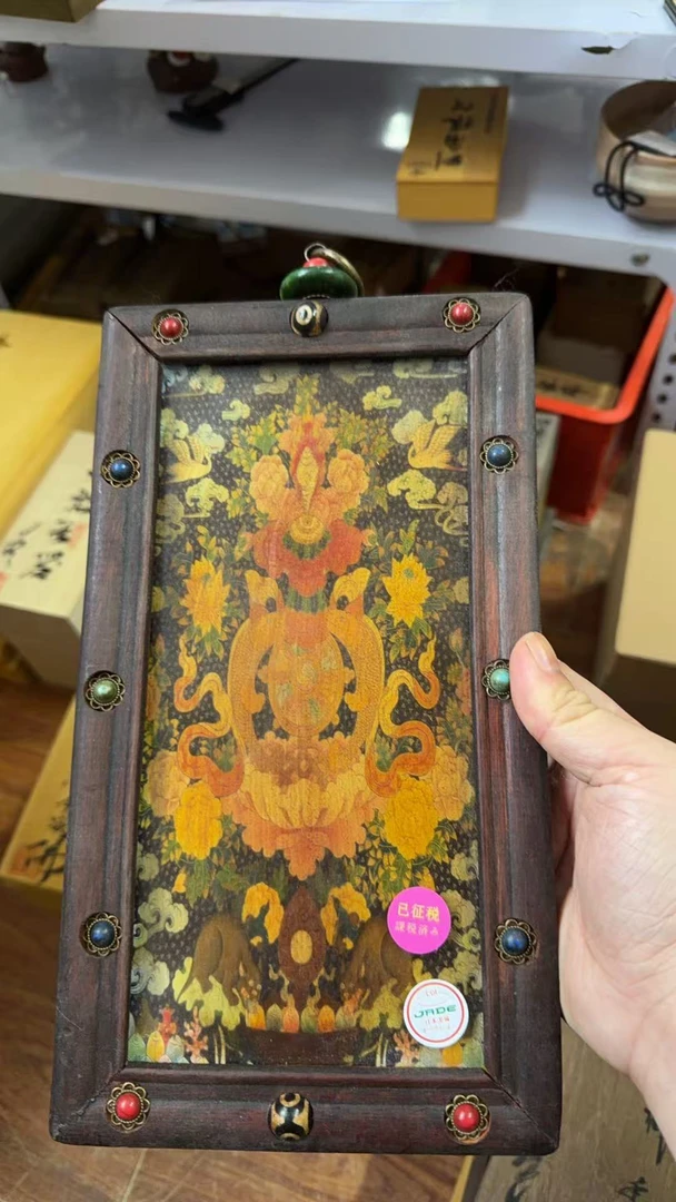 藏式木框镶嵌唐卡大黑金刚佛像挂画桌面摆台装饰画3004