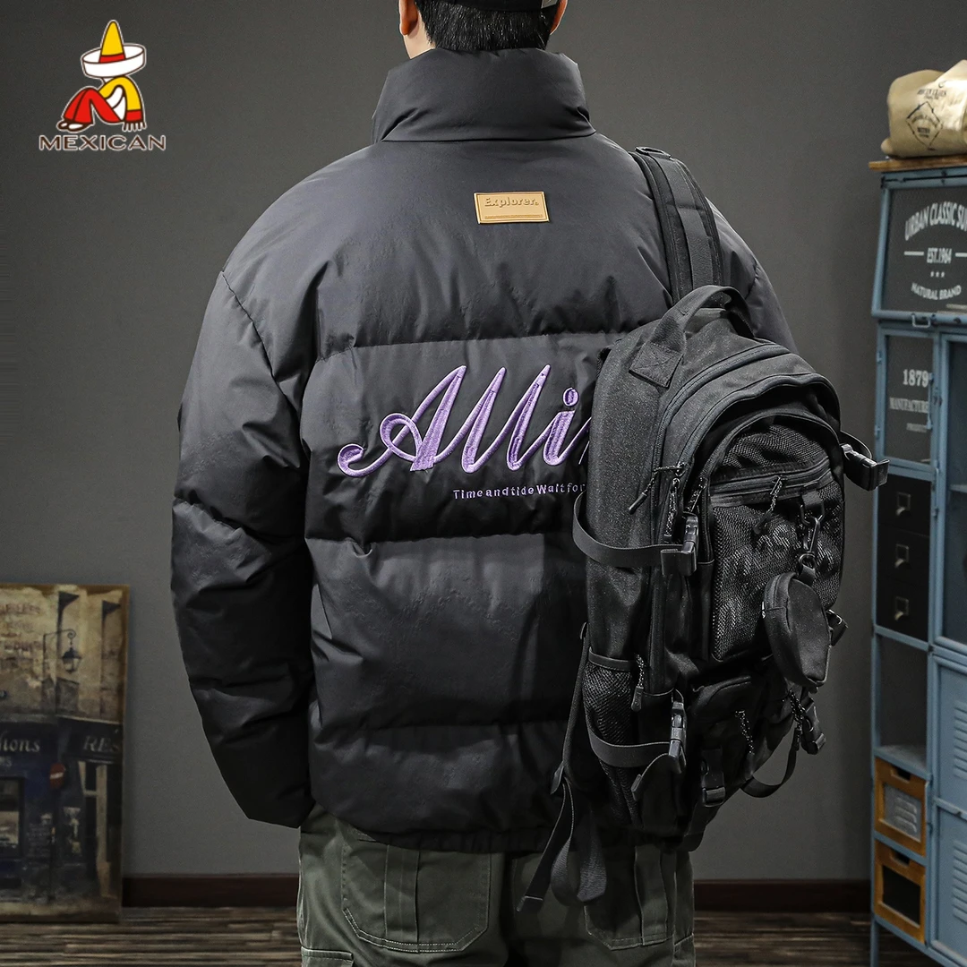 Mexican/稻草人冬季鸭绒立领羽绒服男款加厚保暖刺绣面包服外套潮