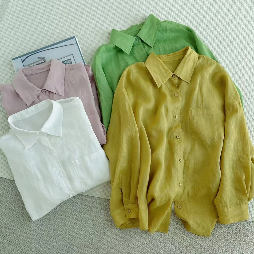 ［家淇定制］新款韩版百搭修身显瘦时尚女复古港风苎麻长袖衬衫6393
