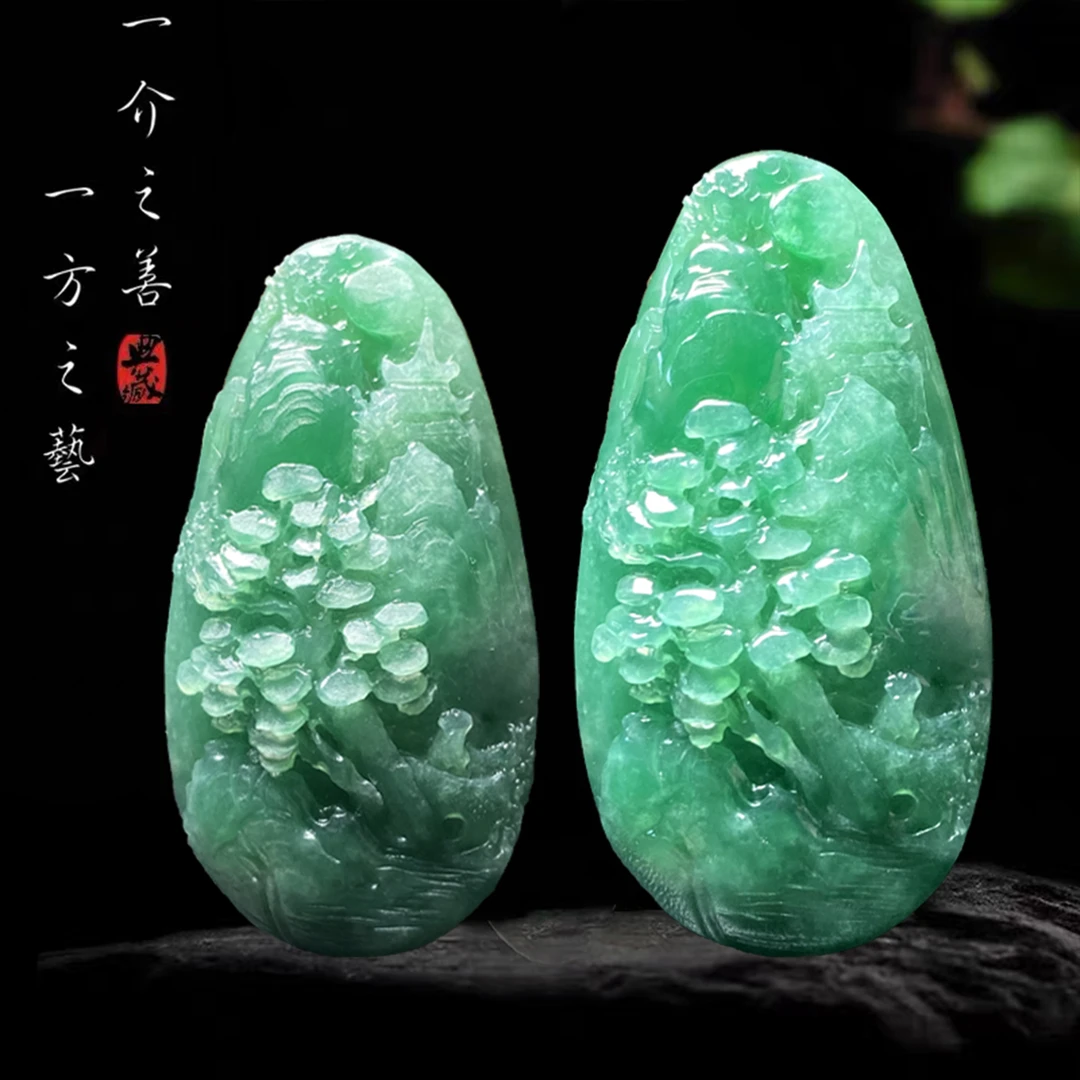 【已结缘】合一堂翡翠工作室定制展示：糯冰冰绿底《山水人家》毛货