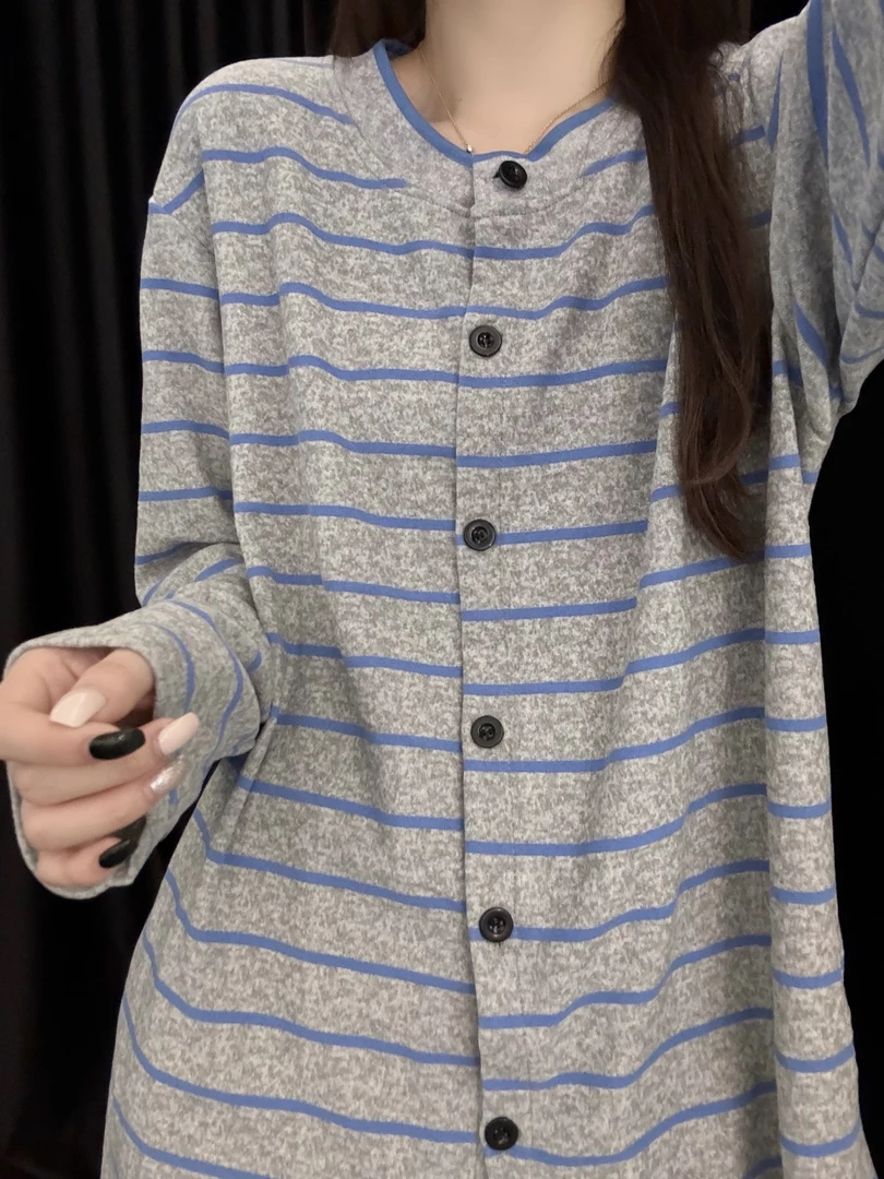 【DMXJ大梦想家】韩版甜美简约条纹德绒睡衣女冬季款保暖家居服套装