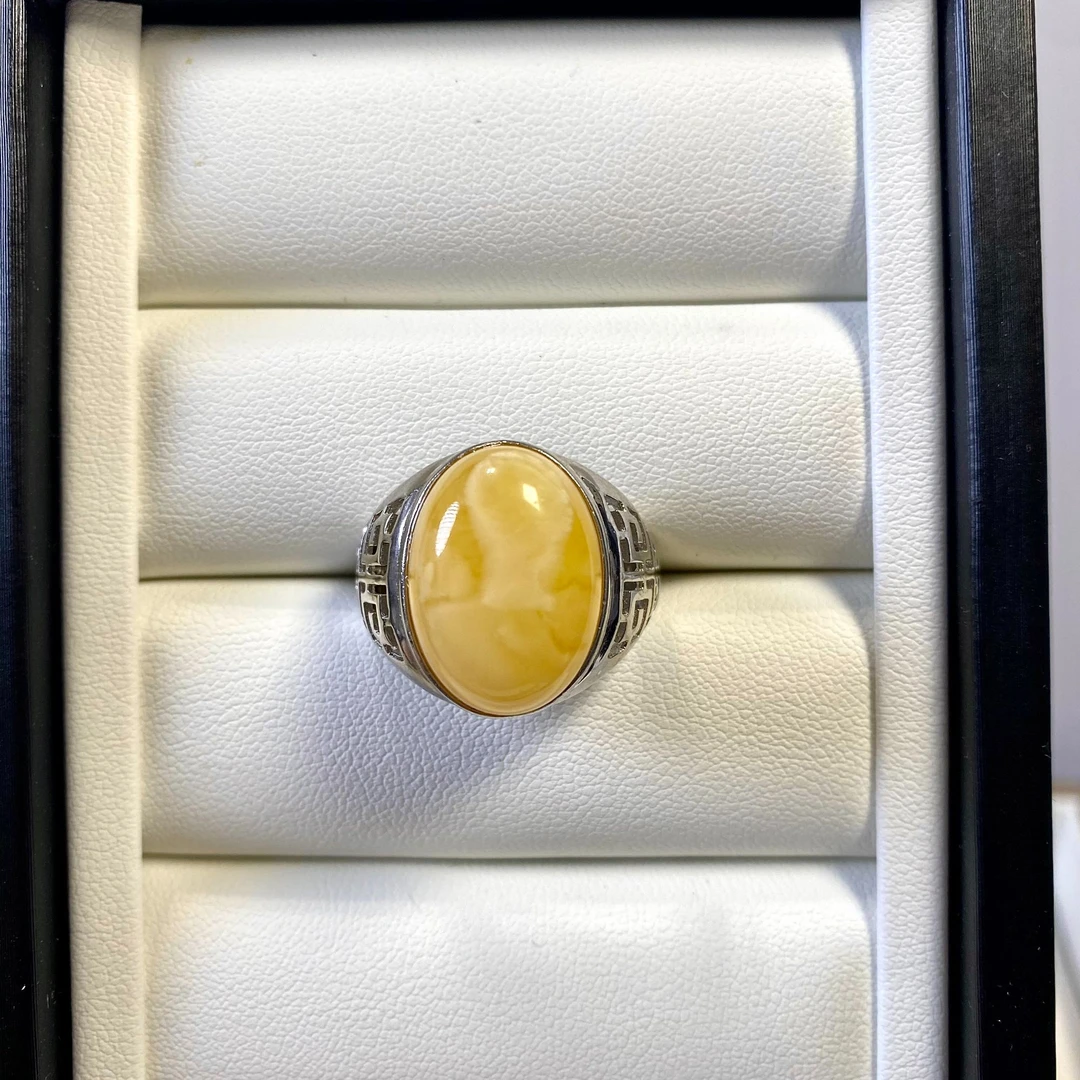 【山珊珠宝】原矿妖花蜜蜡大蛋面戒指开口戒（01153）复古大气银戒