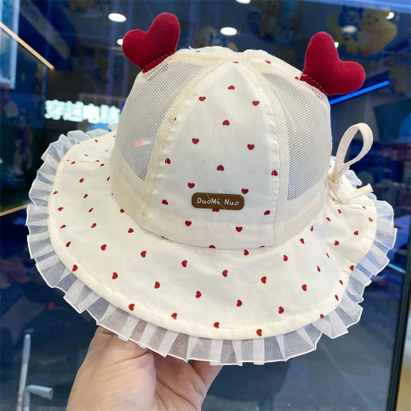 婴儿帽子夏季女宝宝大檐遮阳渔夫帽网眼透气太阳帽小月龄公主防晒