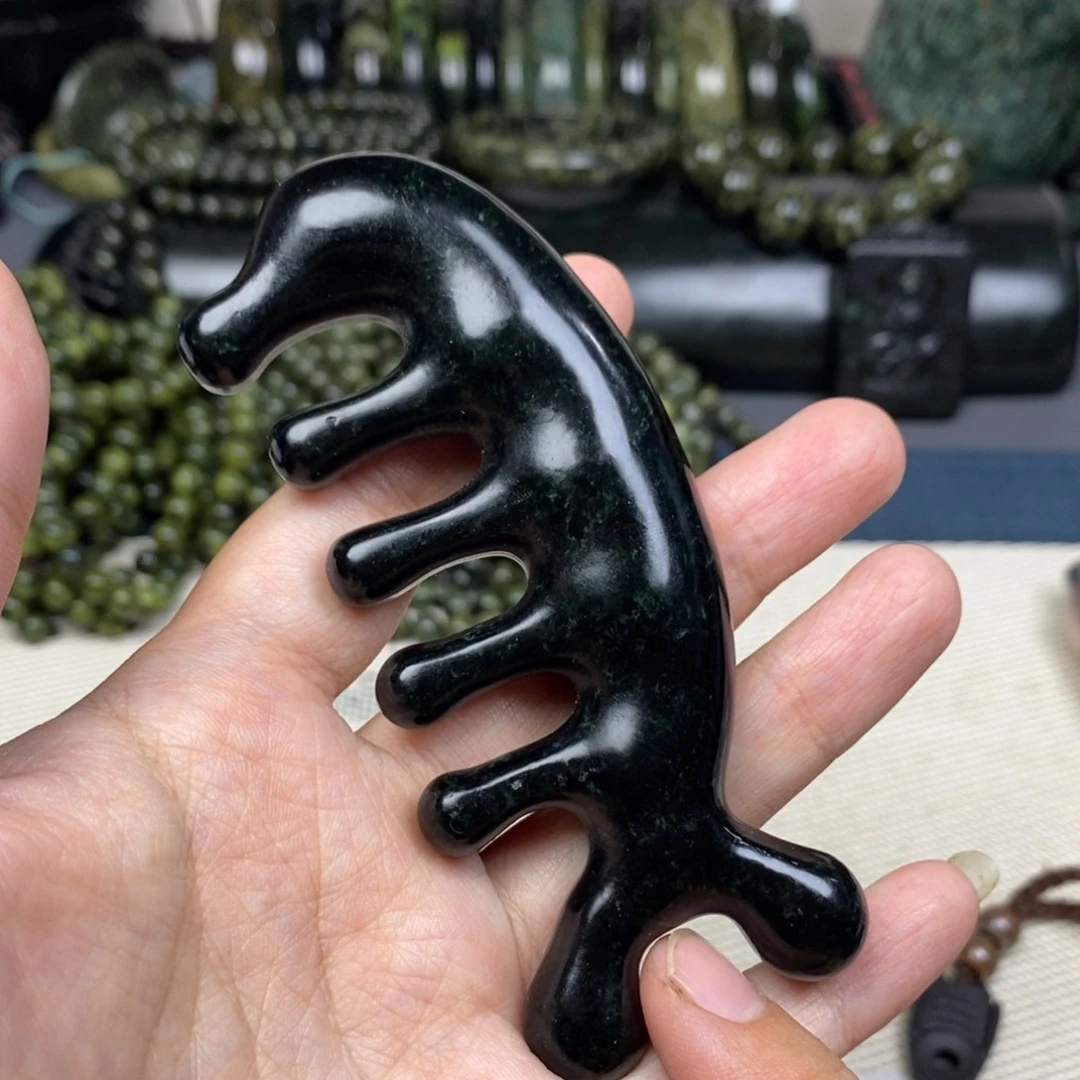 未镶嵌蛇纹石玉发饰药王石黑包公按摩梳，微打磨痕