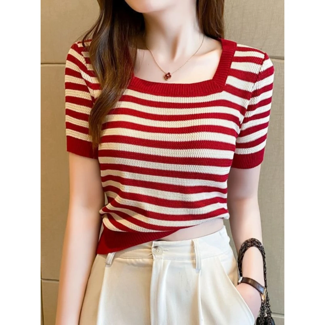 红色条纹方领短袖t恤女夏季新款撞色冰丝千金清冷百搭洋气衣服女