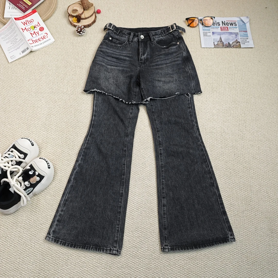 【伊人风尚服饰推荐】2024秋季新款做旧假两件阔腿裤牛仔裤8400