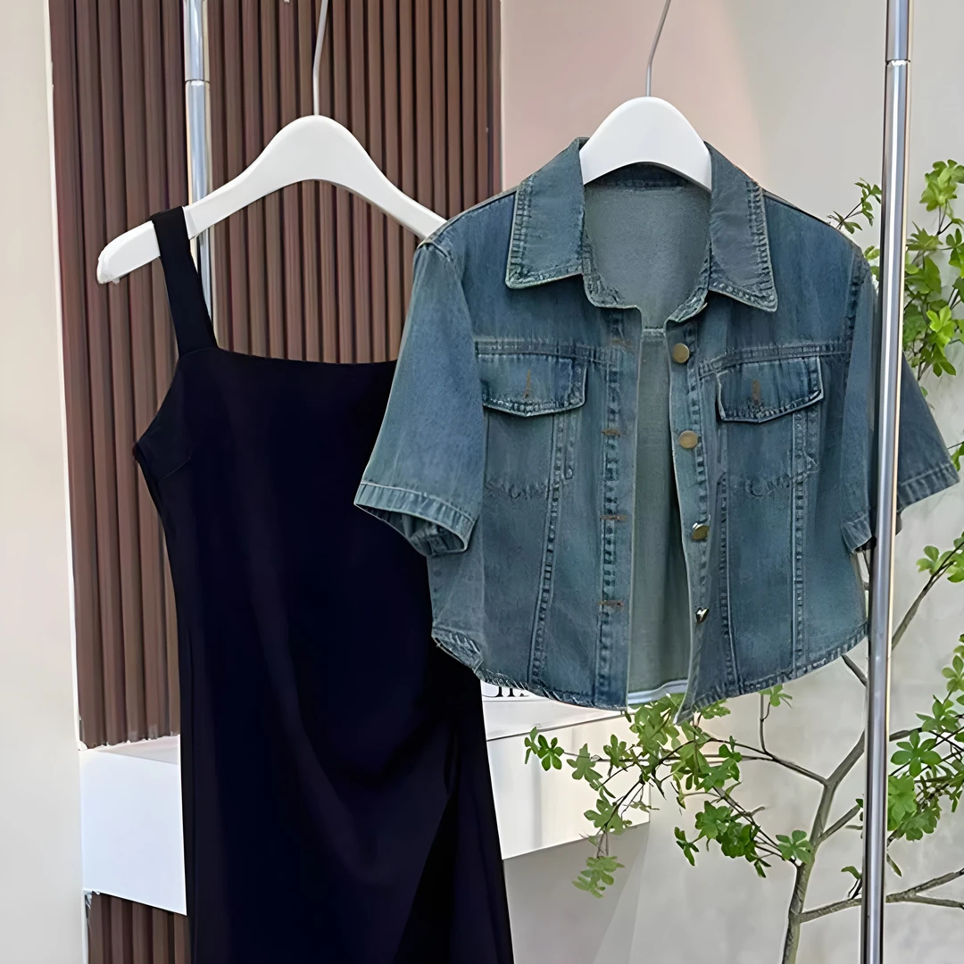 设计感复古短袖衬衫牛仔外套女夏季薄款大码宽松衬衣短款夹克上衣