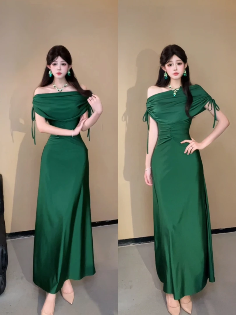 XQIN【深情眼】新款一字肩可斜肩气质法式收腰修身连衣裙QXQHZ52366