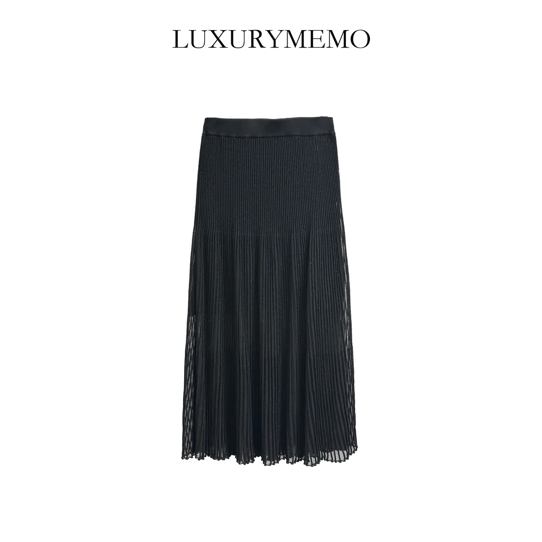 LUXURYMEMO【优雅邂逅】薄纱针织高级黑色松紧腰垂感混银丝半身长