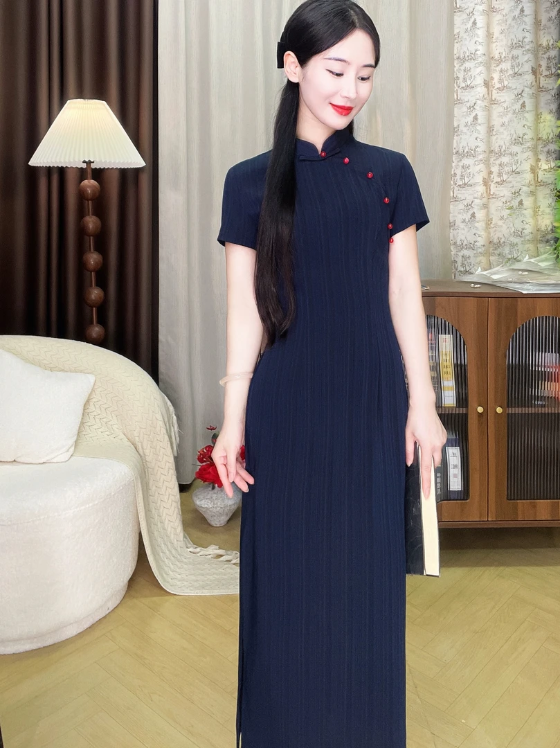 【心懂旗袍-素色】条纹单层夏款罗织透气日常雅致旗袍