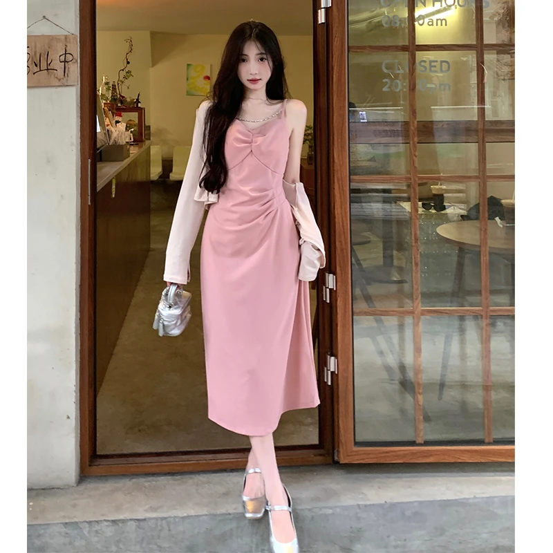 大码女装2025春夏新款胖mm气质性感钻条时尚显瘦包臀连衣裙+开衫