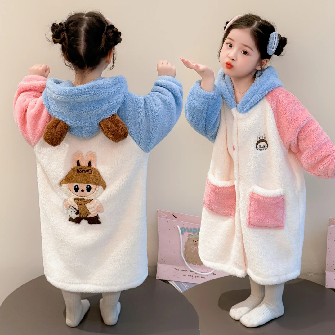 儿童睡袍秋冬季法兰绒家居服浴袍女孩宝宝拉布布新款冬季连帽睡衣