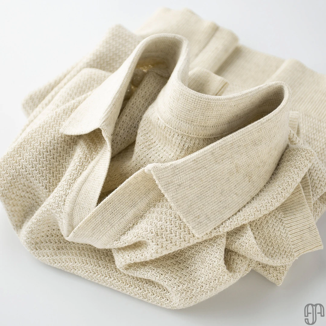 巴适感~老钱风针织亚麻古巴领POLO衫男短袖镂空海鸥领t恤男夏季薄