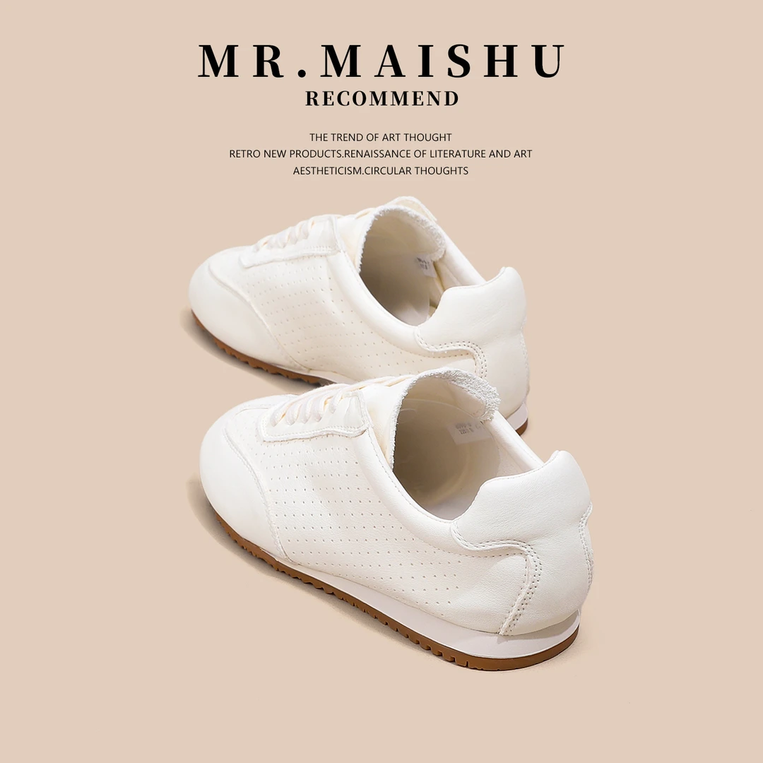 MRMAISHU头层牛皮小白鞋女款夏季百搭镂空透气轻便休闲阿甘德训鞋