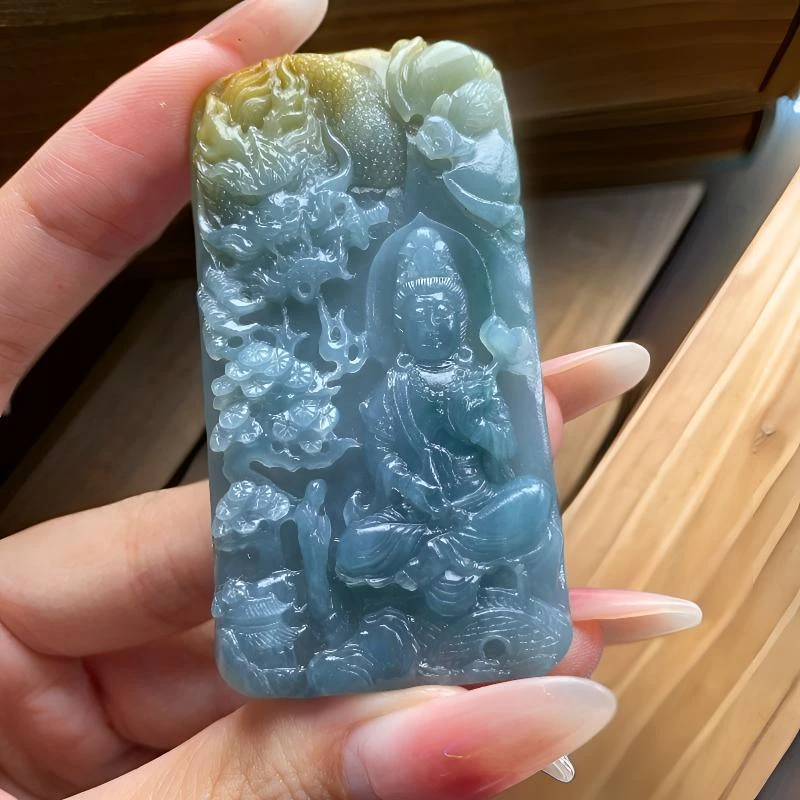 定制翡翠 黄翡俏色御龙山水大势至 属马守护 尺寸66*35*7.6mm