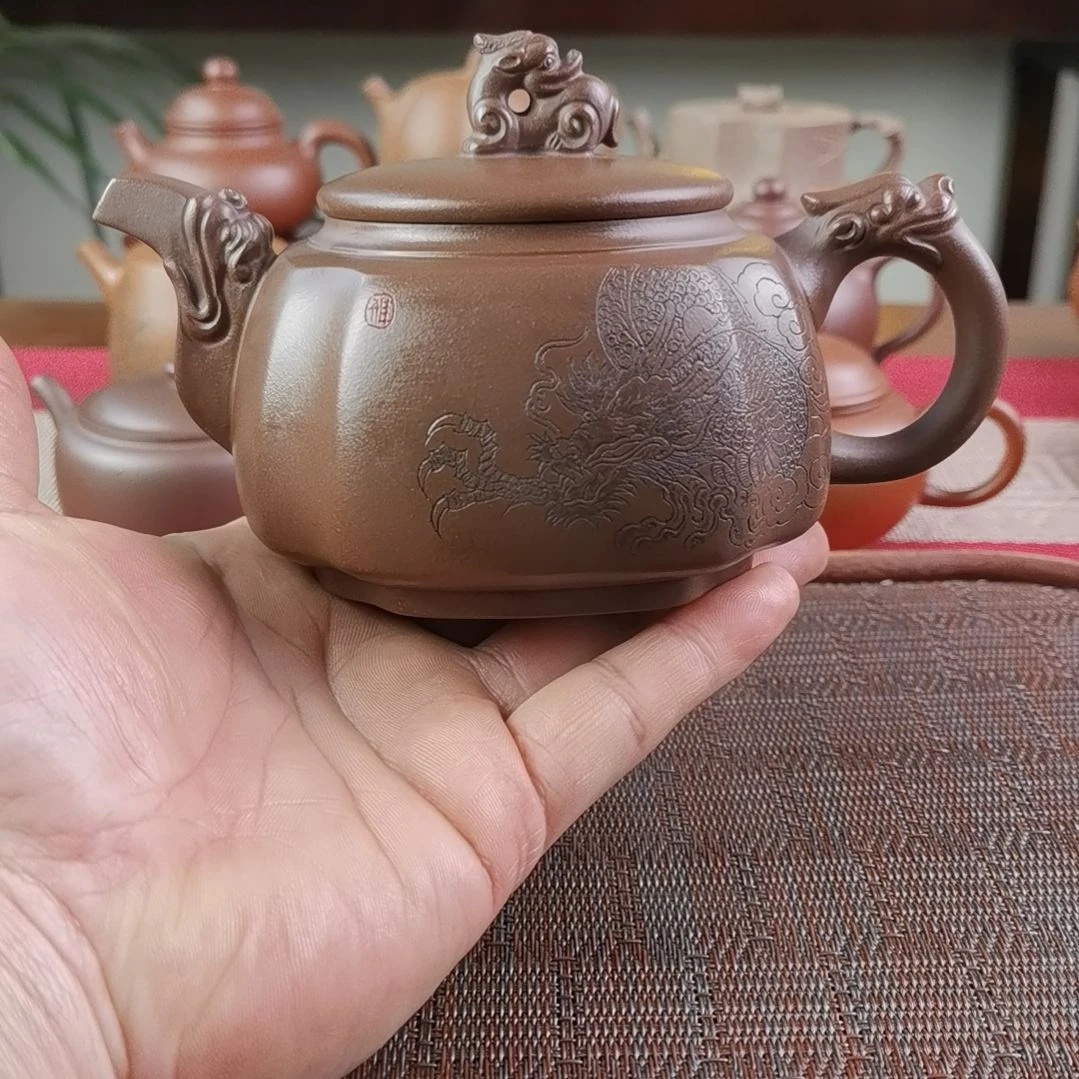 紫砂茶壶紫泥龙腾四方400CC