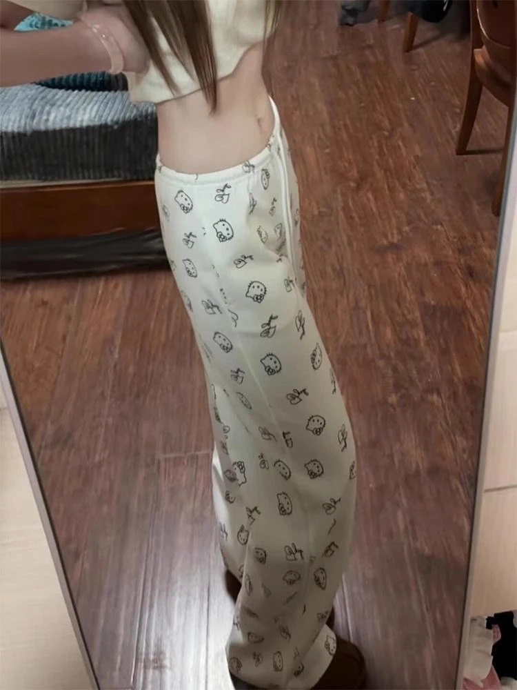 可爱kitty猫印花阔腿裤女夏季2025新款宽松休闲百搭显瘦直筒卫裤