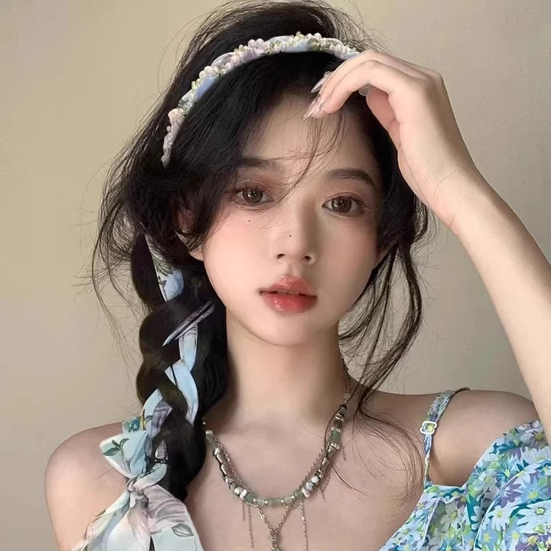 珍珠飘带发箍女2025新款高颅顶编发发带夏天碎发头箍一体发卡头饰