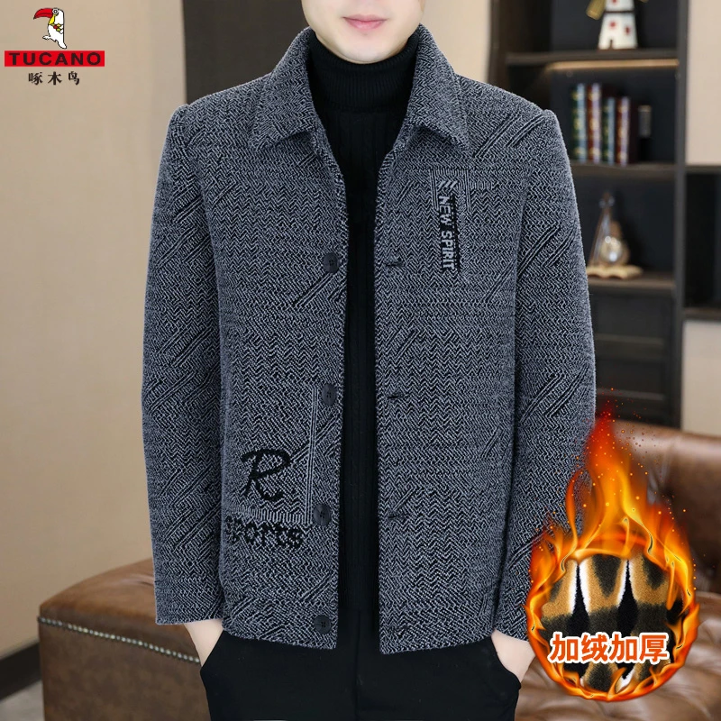 啄木鸟秋冬男士高档夹克毛呢加绒加厚提花大衣韩版保暖帅气修身短