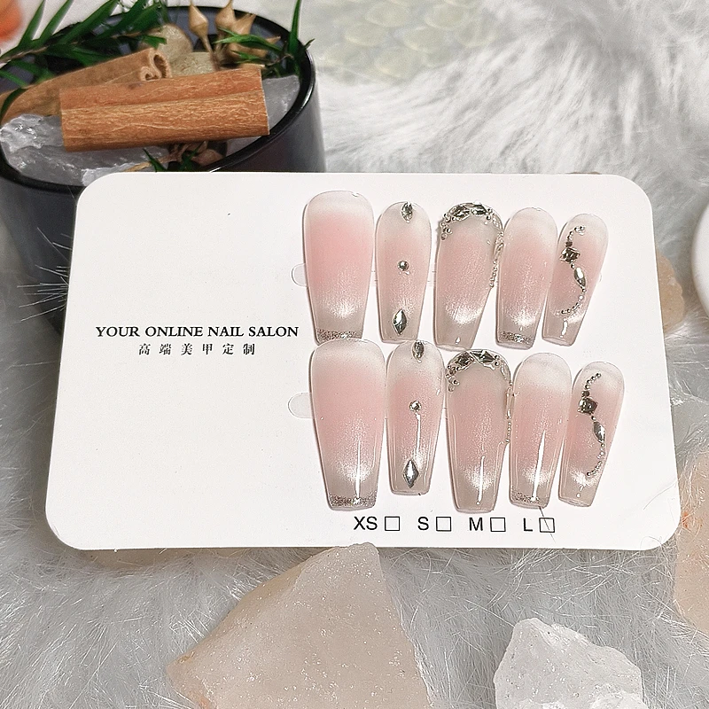 【星空钻石】纯手工穿戴甲腮红法式猫眼中长款显白显直显修长美甲片