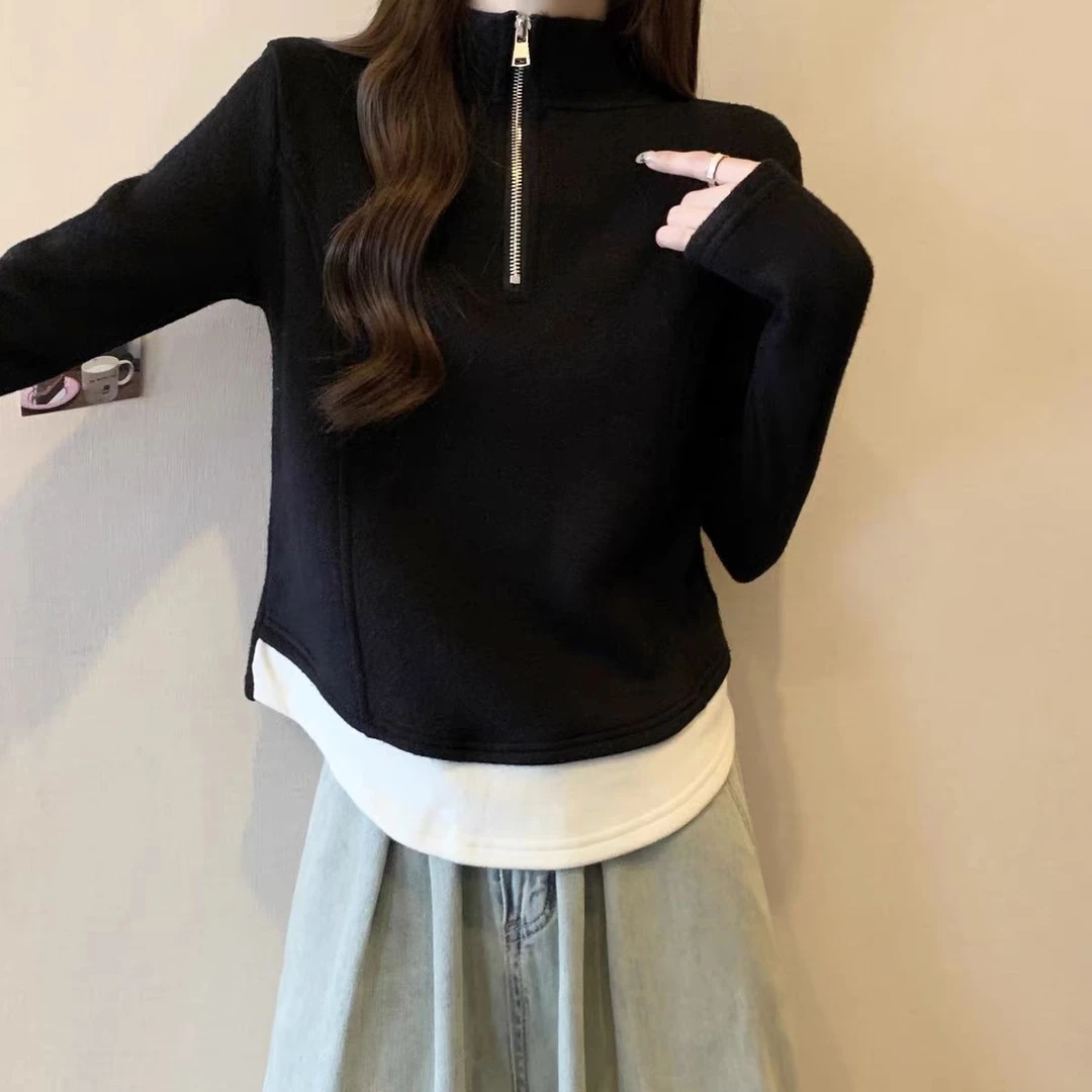 【假两件打底】3286半高领新款时尚气质减龄显瘦打底衫修身女