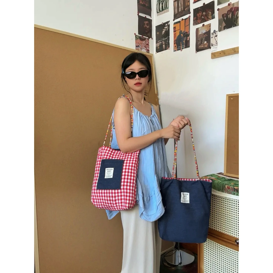 红格子牛仔双面民族风包包通勤学院风学生包【直播专属】