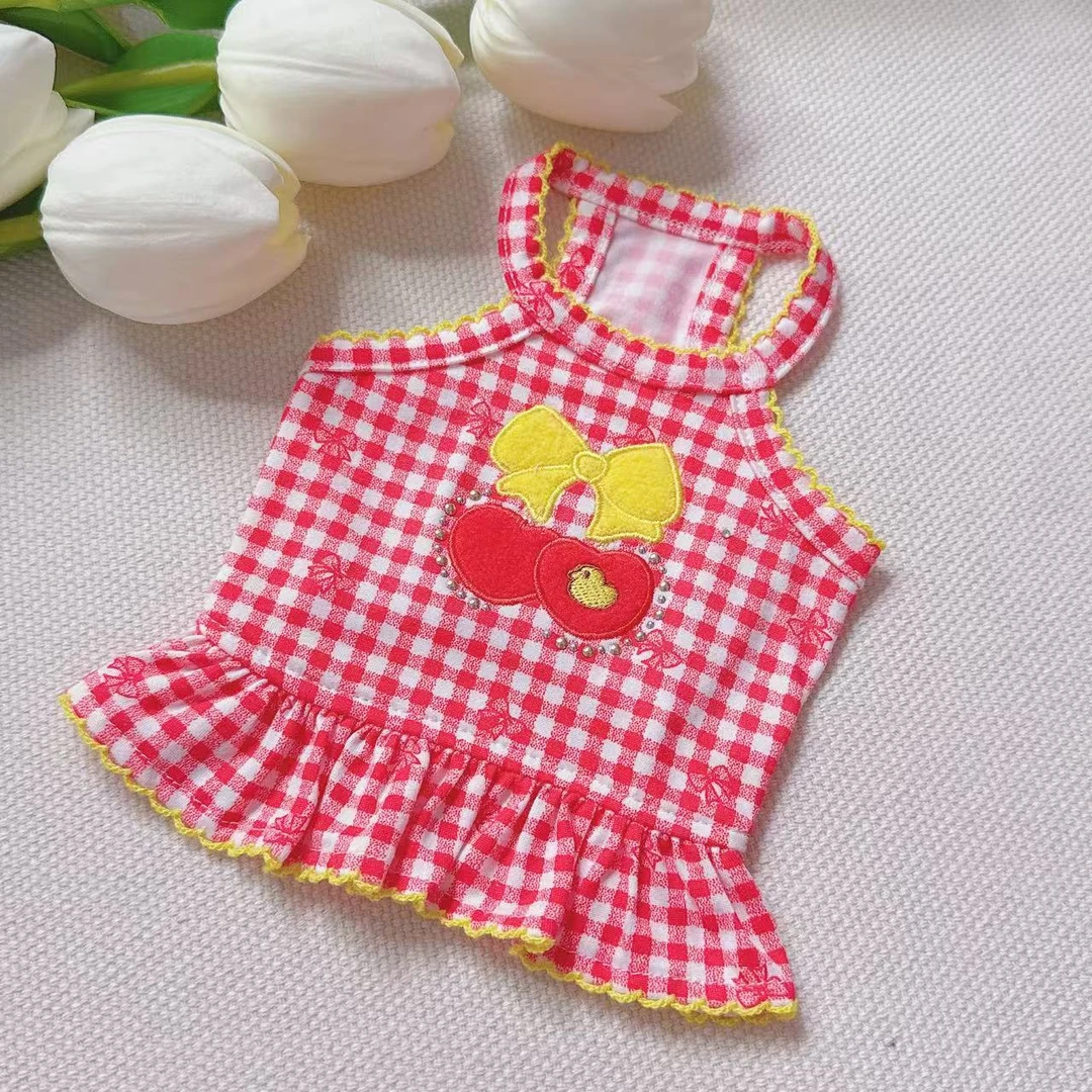 夏季新款宠物服红格樱桃吊带裙