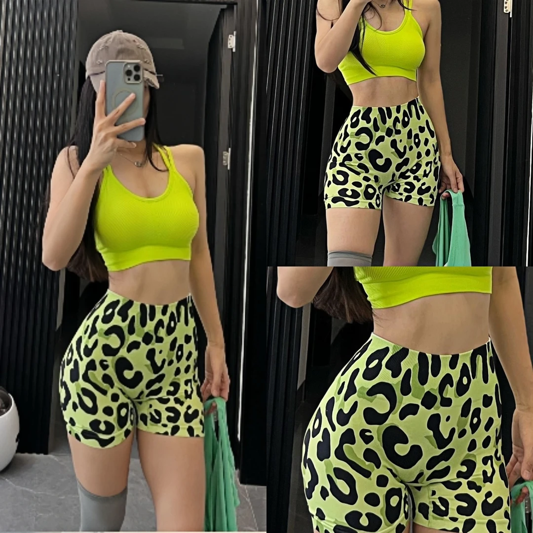 豹纹两件套健身细带美背bra女吊带运动跑步高腰提臀短裤瑜伽套装