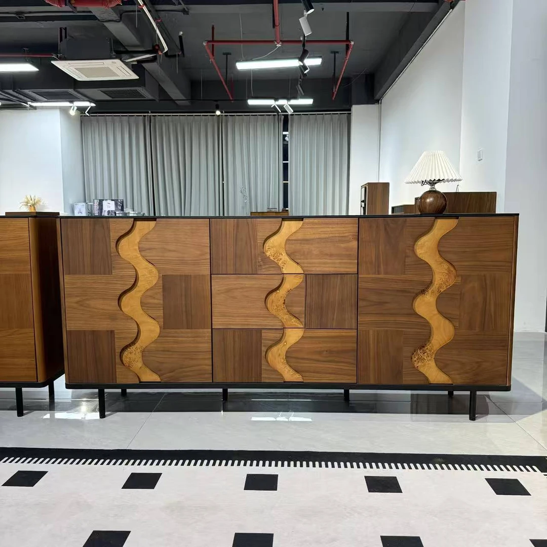 三记【拾光】中古风实木餐边柜玄关柜黑胡桃木拼花靠墙一体抽屉家具