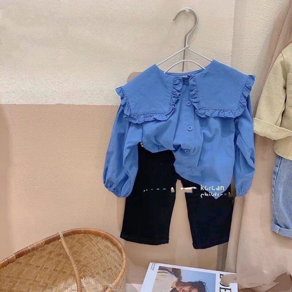 女宝宝蓝色大领边棉衬衫