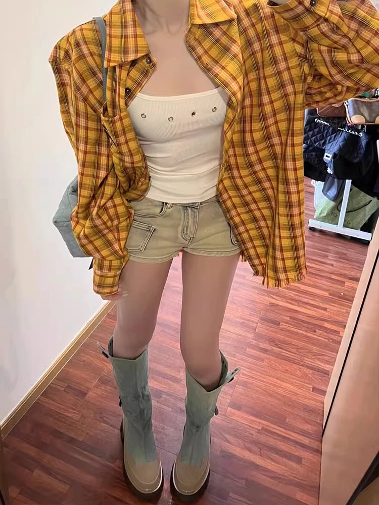 美式复古黄色格子衬衫外套女春秋薄款慵懒风bf风叠穿防晒衬衣开衫