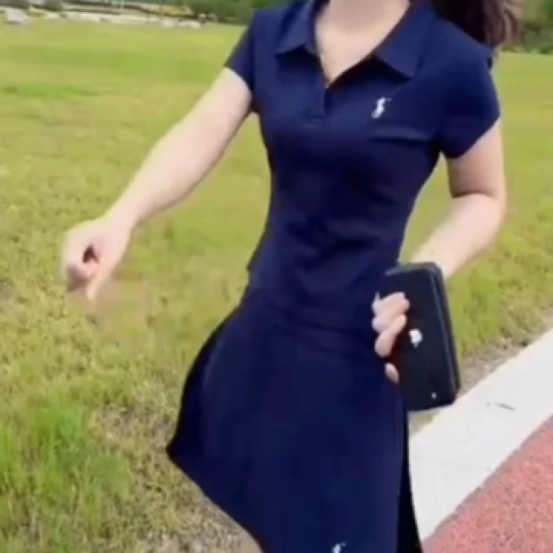 夏季休闲洋气翻领短袖T恤搭配高腰裤裙时尚套装1