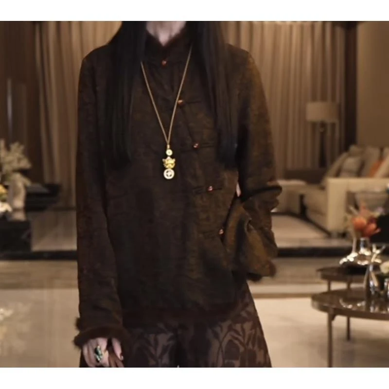 飞儿【暗纹古铜-咖】2025早秋新款时尚百搭拼接水貂毛毛衬衫上衣