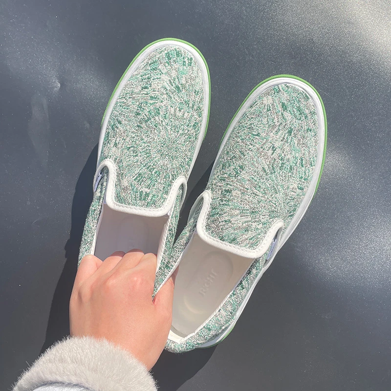 男鞋夏季百搭软底潮鞋浅绿色印花帆布鞋懒人一脚蹬驾车板鞋潮流鞋