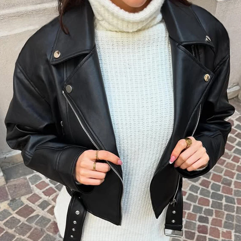 秋冬新品机车风辣妹黑色皮衣街头时尚翻领皮革拼接拉链外套上衣女