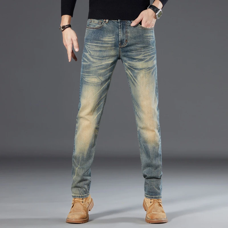 复古商务休闲男士破洞直筒牛仔裤秋季潮流高质感穿搭