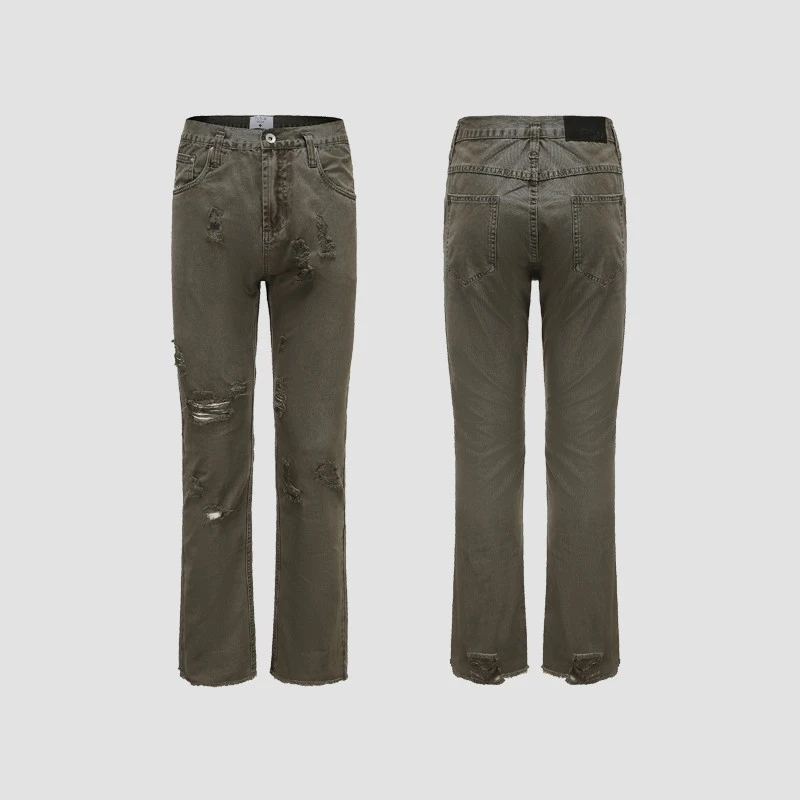 FDM「wave」成衣染色水洗 磨毛做旧破坏复古直筒微喇叭军绿牛仔裤