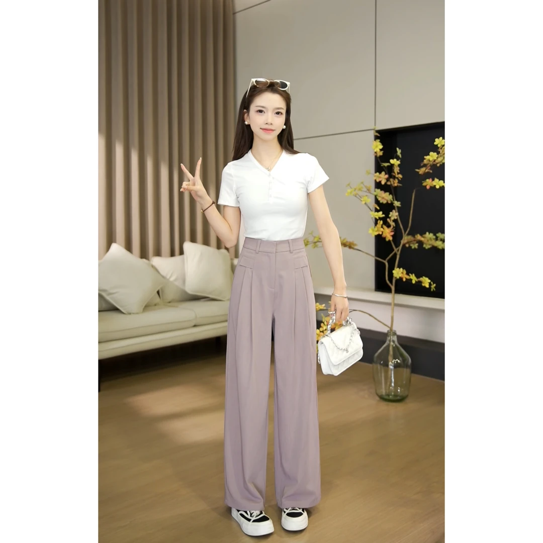 【小个子】夏季新款休闲百搭高腰气质直筒宽松垂感休闲裤-8287
