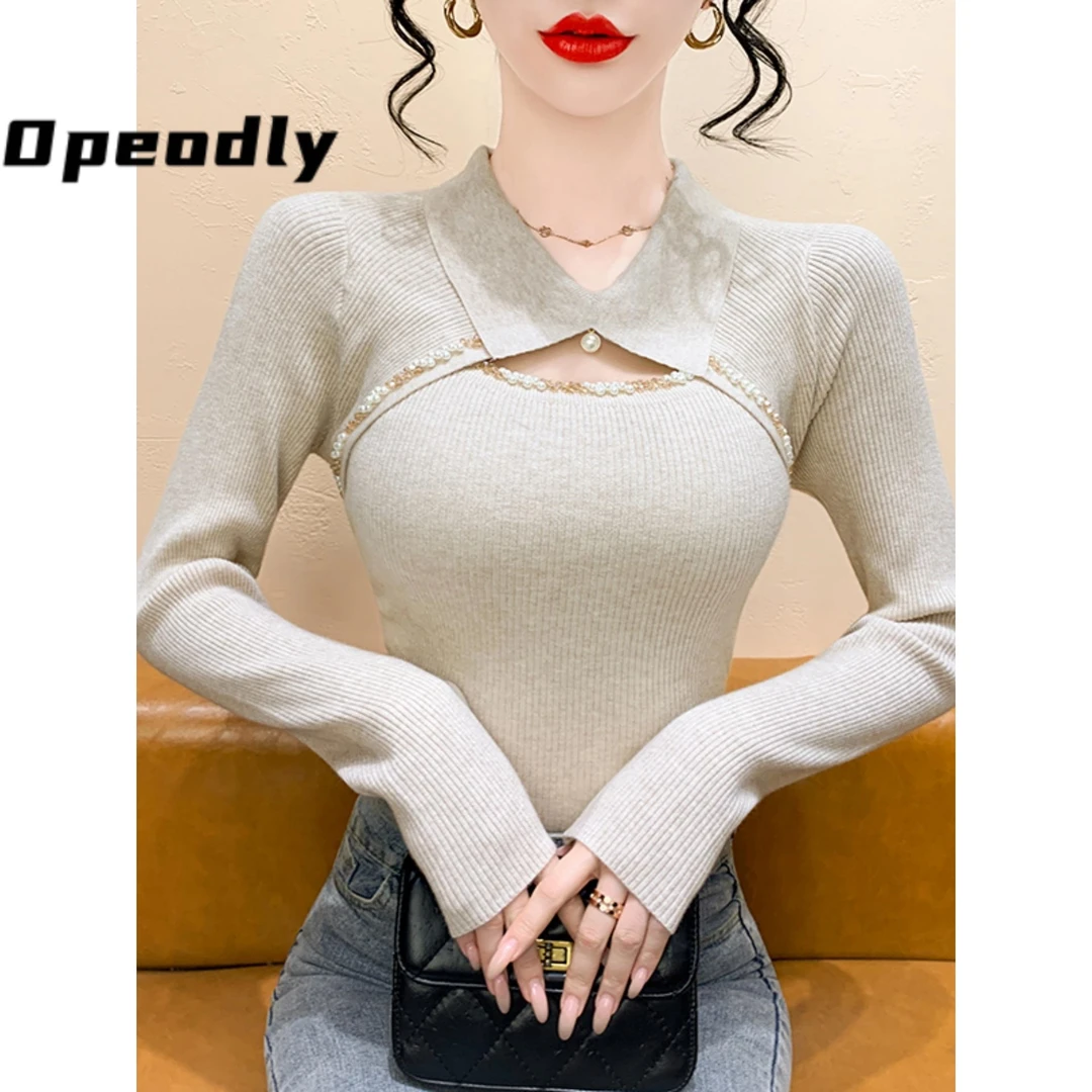 Opeodly法式翻领针织打底衫女秋冬镂空订珠上衣紧身内搭毛衣潮