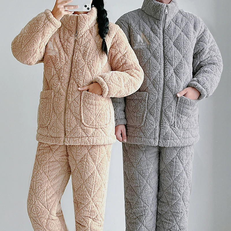 【1】冬季情侣款米粒绒三层夹棉加厚拉链防风特厚可外出家居服睡衣
