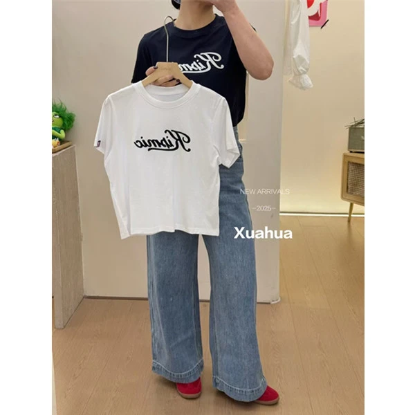 短袖t恤女25春夏设计感圆领印花半袖宽松上衣