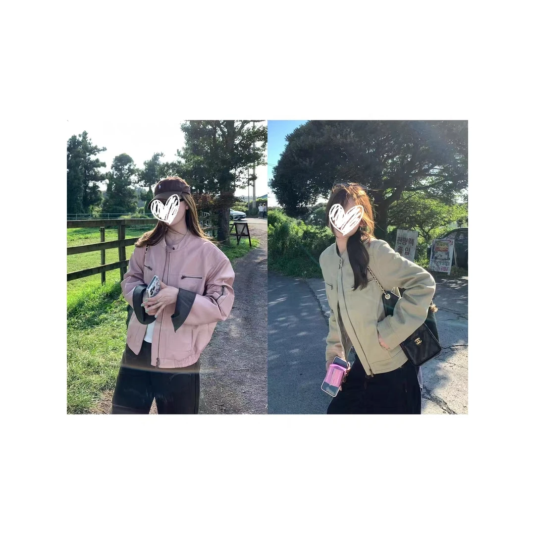 曼哈顿暮色’时髦撞色拼皮皮衣/水洗夹克外套秋季短上衣女