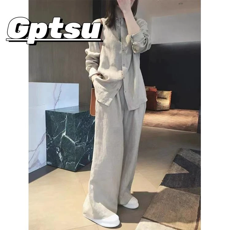 GPTSu春季装搭配棉麻套装女春长袖防晒衬衫上衣亚麻阔腿裤两件套