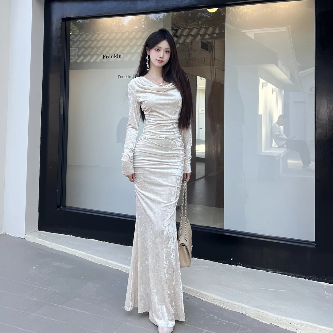 TITI 荡领法式轻奢宴会礼服裙丝绒连衣裙女秋冬包臀鱼尾裙两件套