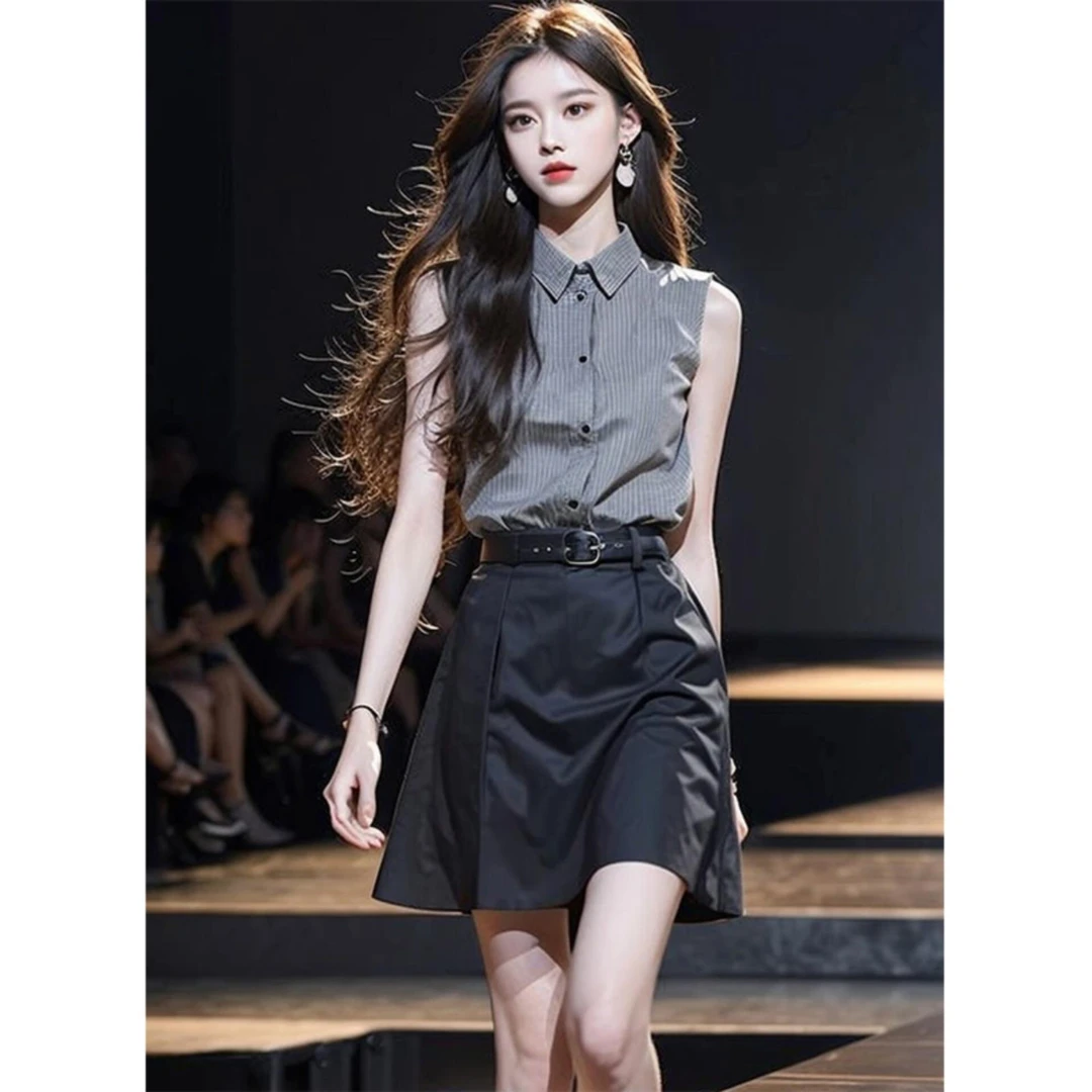 夏装搭配一整套时尚休闲气质干练高端灰色无袖衬衫半身裙套装女