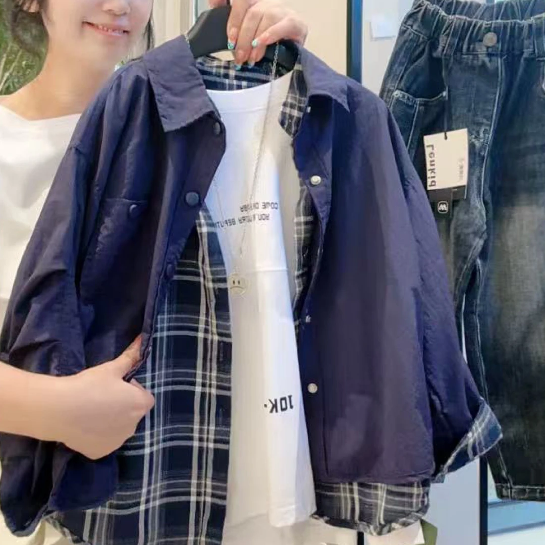 2025款格子上衣宽松单排扣两面穿秋季两件不起球夹克长袖时尚洋气