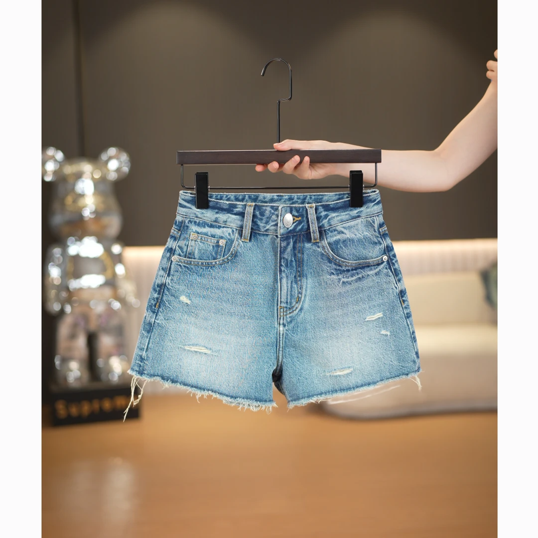【欧若风】夏季全棉复古手磨破洞高腰牛仔短裤女毛边休闲三分裤衩