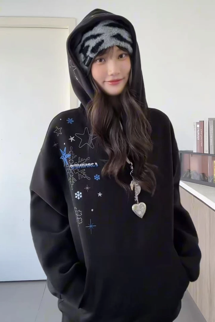 零落旧人雪花星刺绣连帽卫衣女2025春秋薄款情侣宽松休闲小众外套