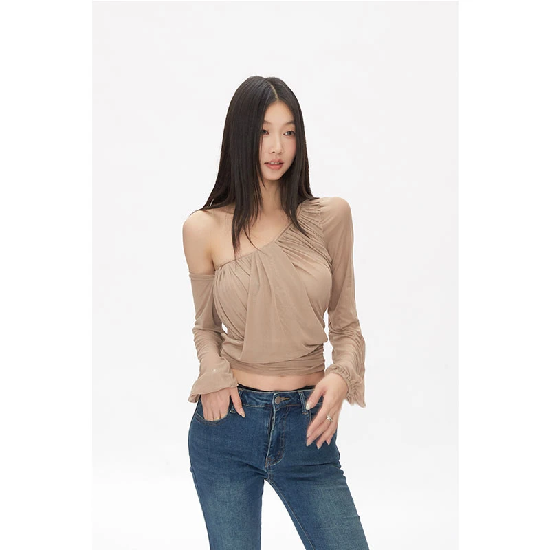 withmin凉皮 名媛穿搭 显瘦法式气质长袖网纱上衣2522815